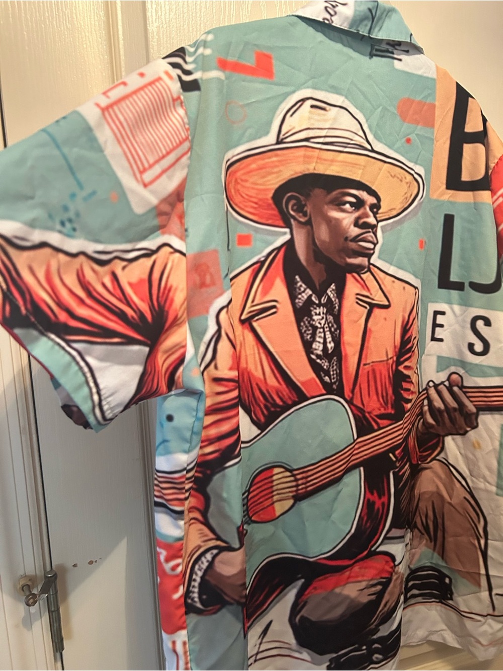 Men's Short Sleeve Graphic Shirt in Teal & Coral with Guitar Motif